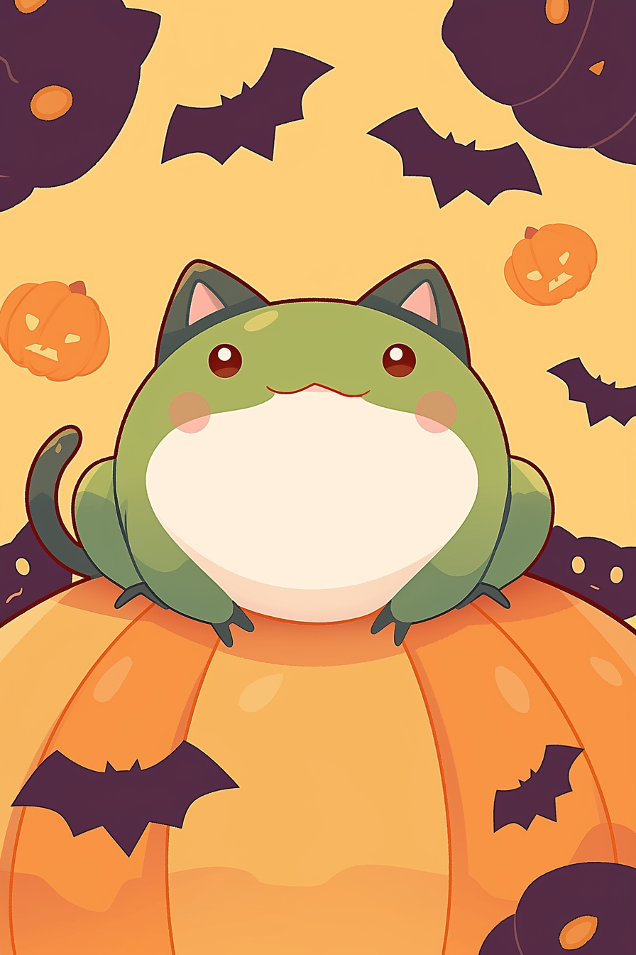 halloween frog drawing ideas 2 featuring an adorable frog with cat-like ears sitting atop a pumpkin, surrounded by bats and tiny jack-o'-lanterns in a festive Halloween setting.